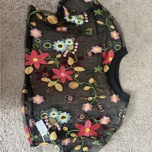 SHEIN Black Sheer Top with Colorful Floral Embroidery